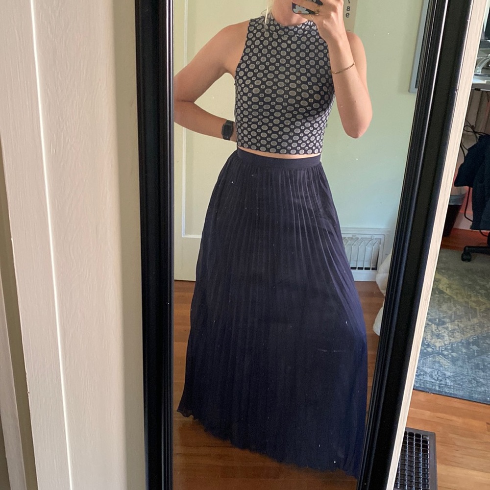 Navy blue high waisted long skirt